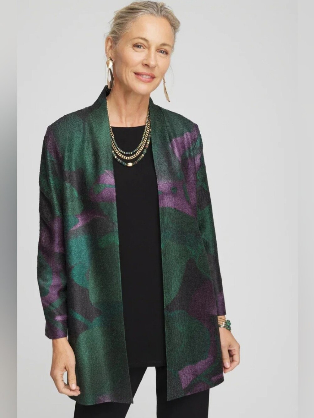 Chico's Green and Purple Open-Front Cardigan Jacket